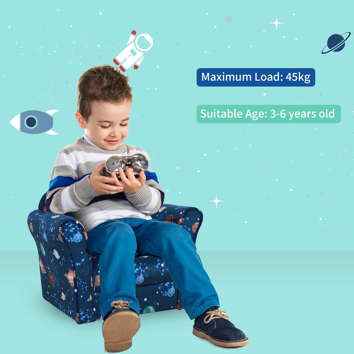Kids Planet-Themed Armchair, with Non-Slip Feet, Wooden Frame