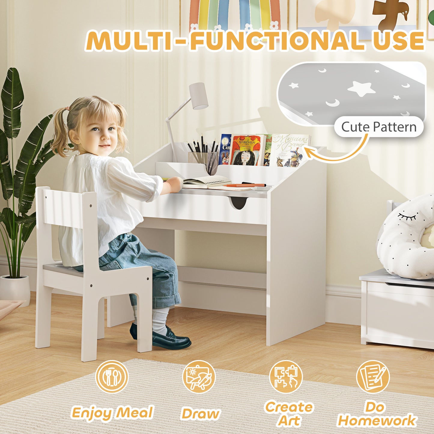 Children Study Table and Chair, Kids Desk and Chair Set with Storage