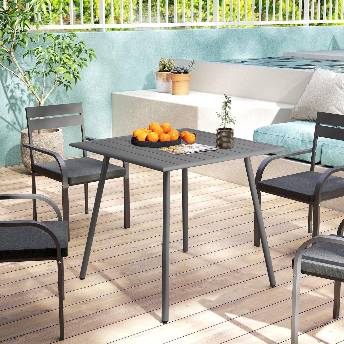 Square Garden Table with Slat Top, Steel Frame