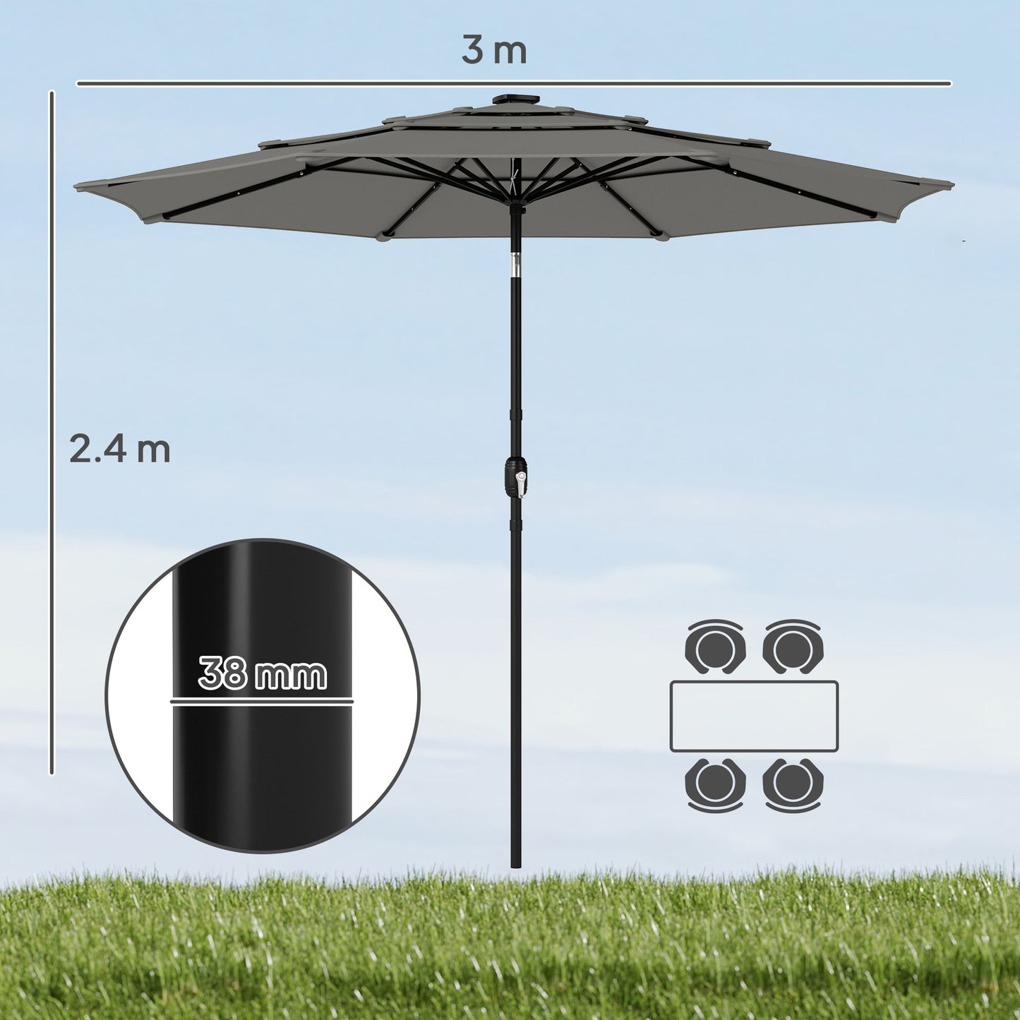 Garden Parasol, Parasol Umbrella with 3-tier Roof, Crank Handle