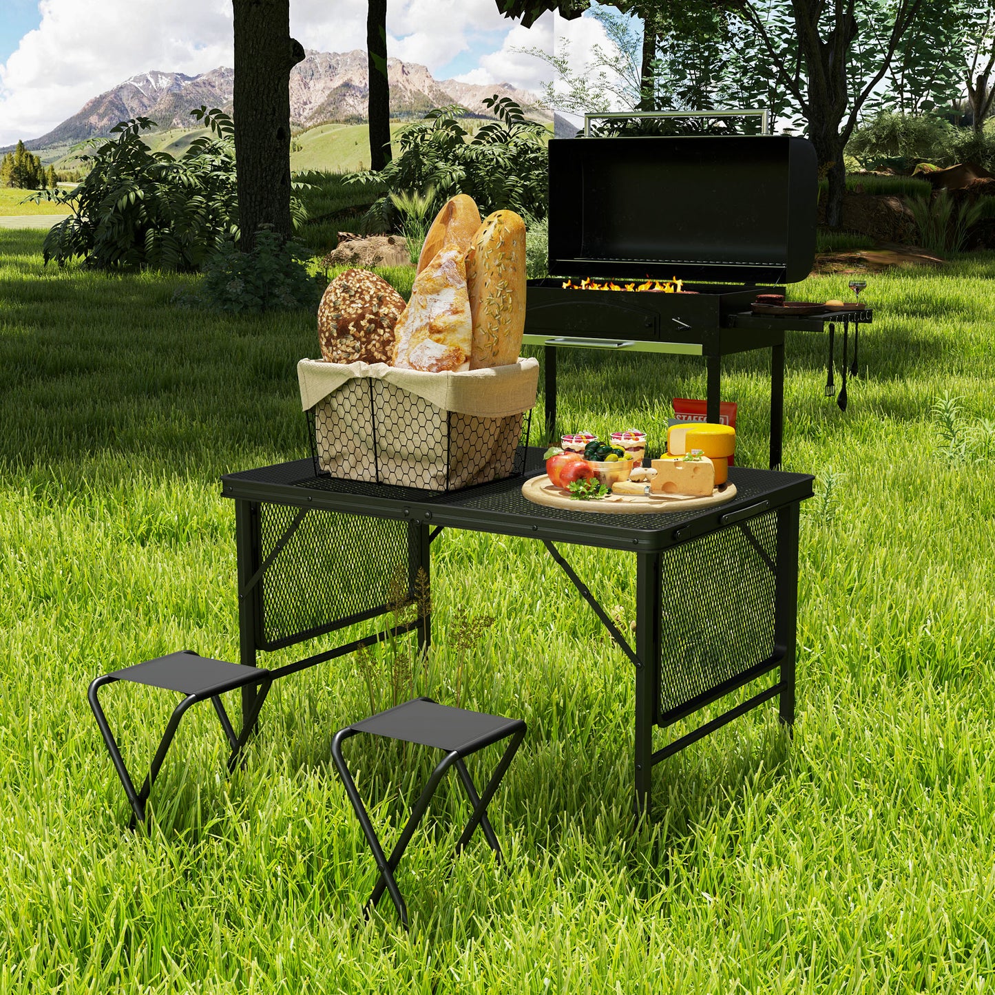 Folding Grill Table, 4.5ft Portable Camping Table with 2 Wing Panels