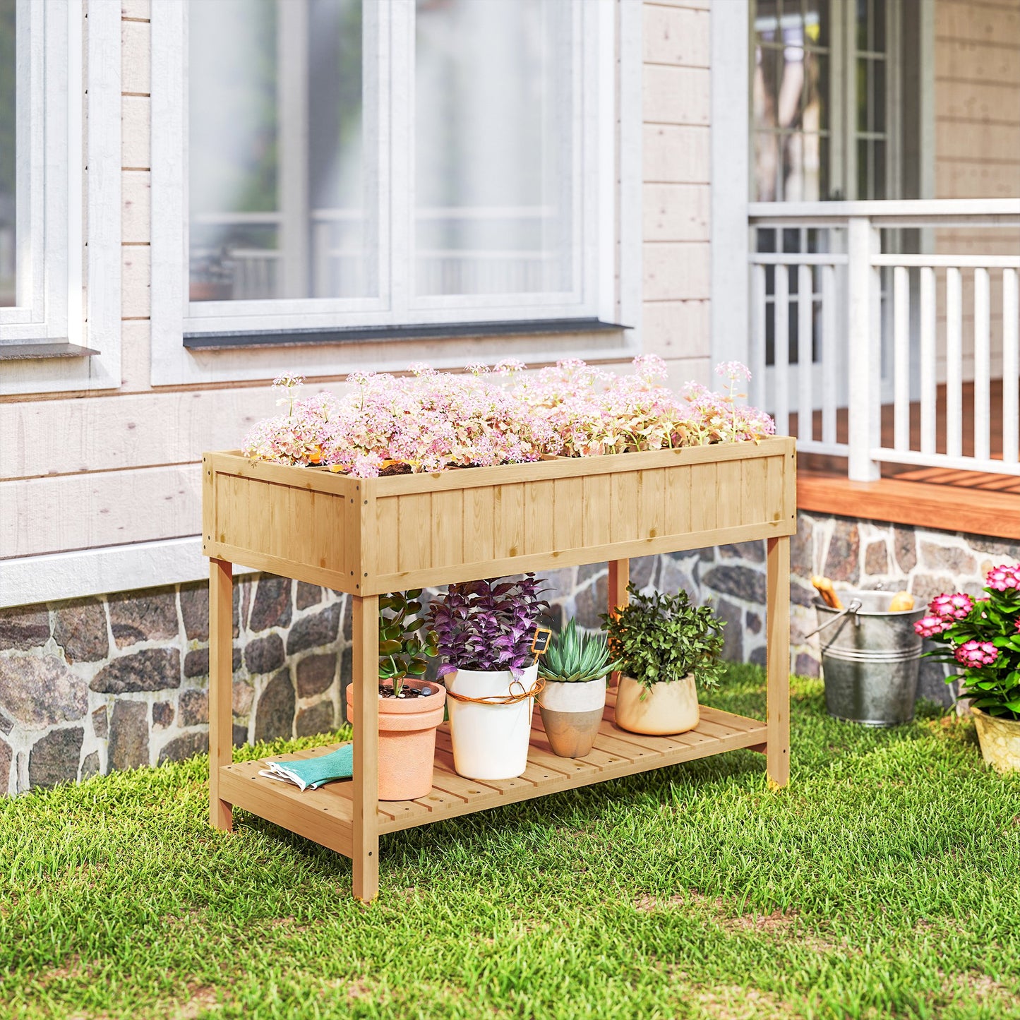Garden Wooden Planters, Rectangular 8 Compartment Plant Stand