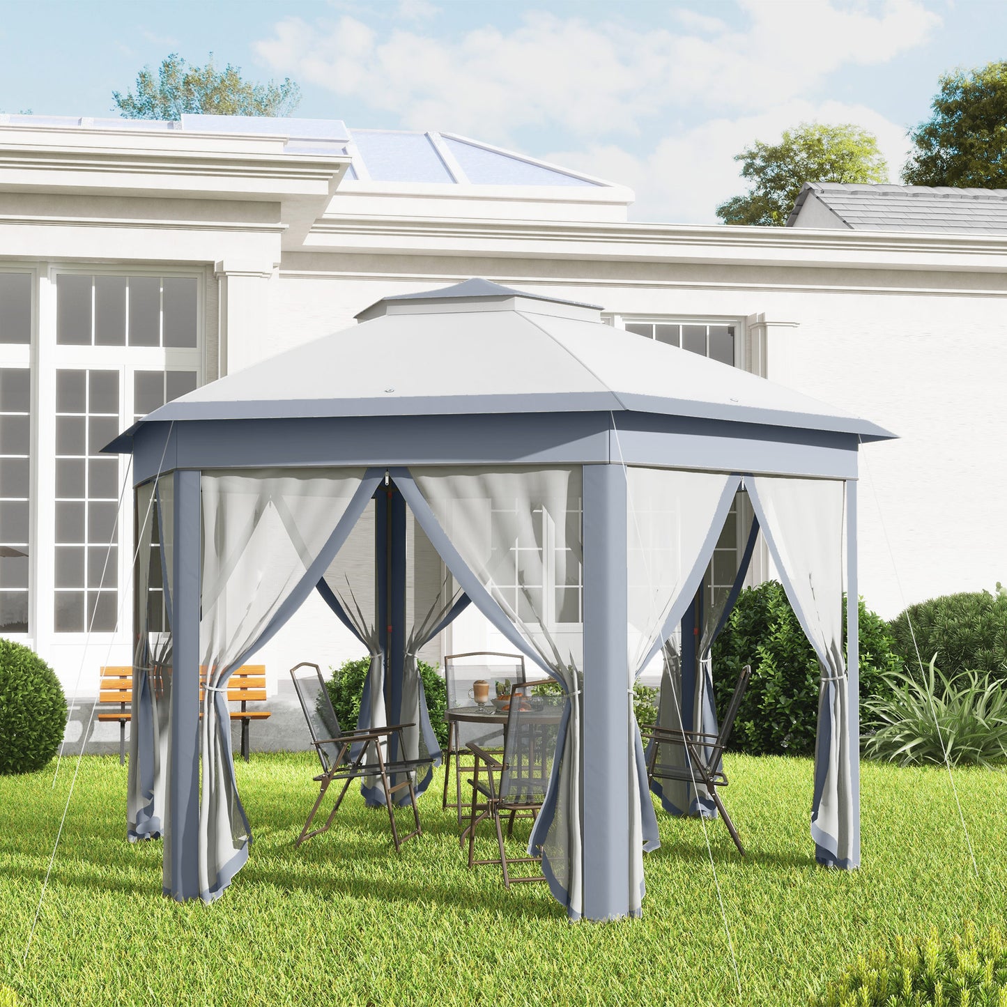 3 x 4m Metal Frame Hexagon Gazebo, with Curtains