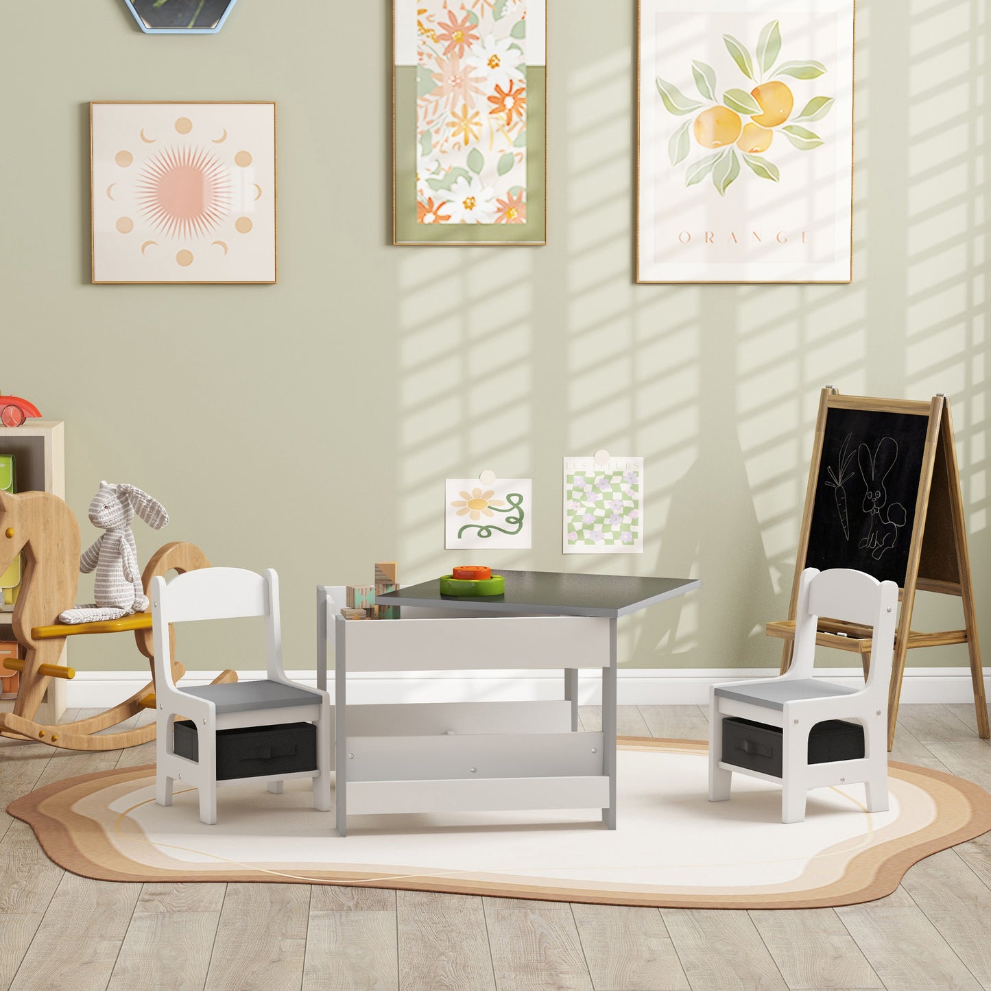 Three-Piece Kids Table and Chair Set with Blackboard, Storage