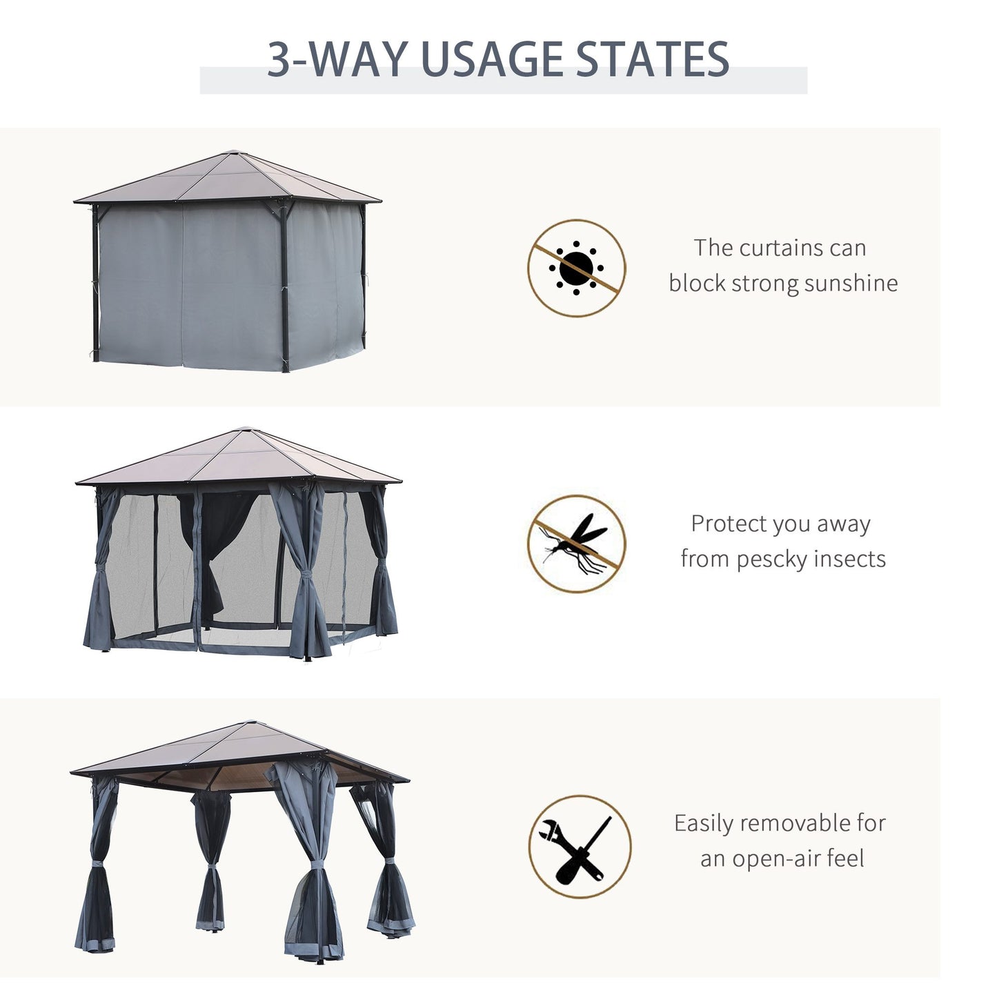 3m x 3m Hardtop Metal Frame Gazebo with 4 curtains