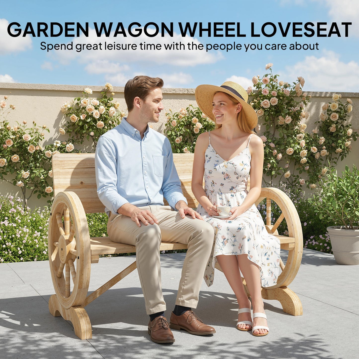 Fir Wood 2-Seater Outdoor Garden Wagon Wheel Bench