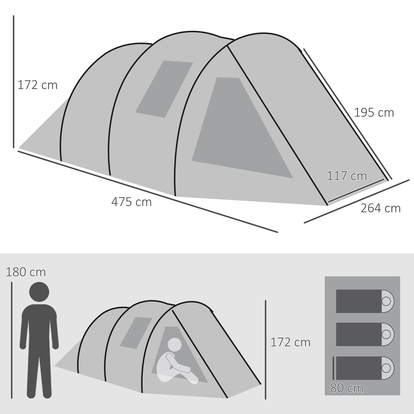 Two Room Tunnel Tent Camping Tent for  3-4 Man with Windows, Covers