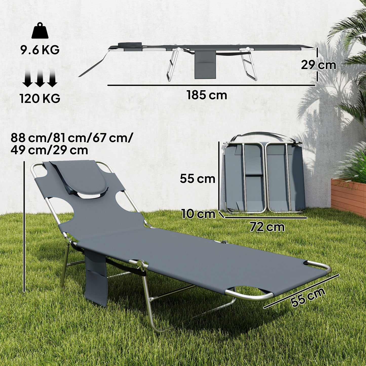 5-Position Adjustable Sun Loungers Set of 2 with Reading Hole
