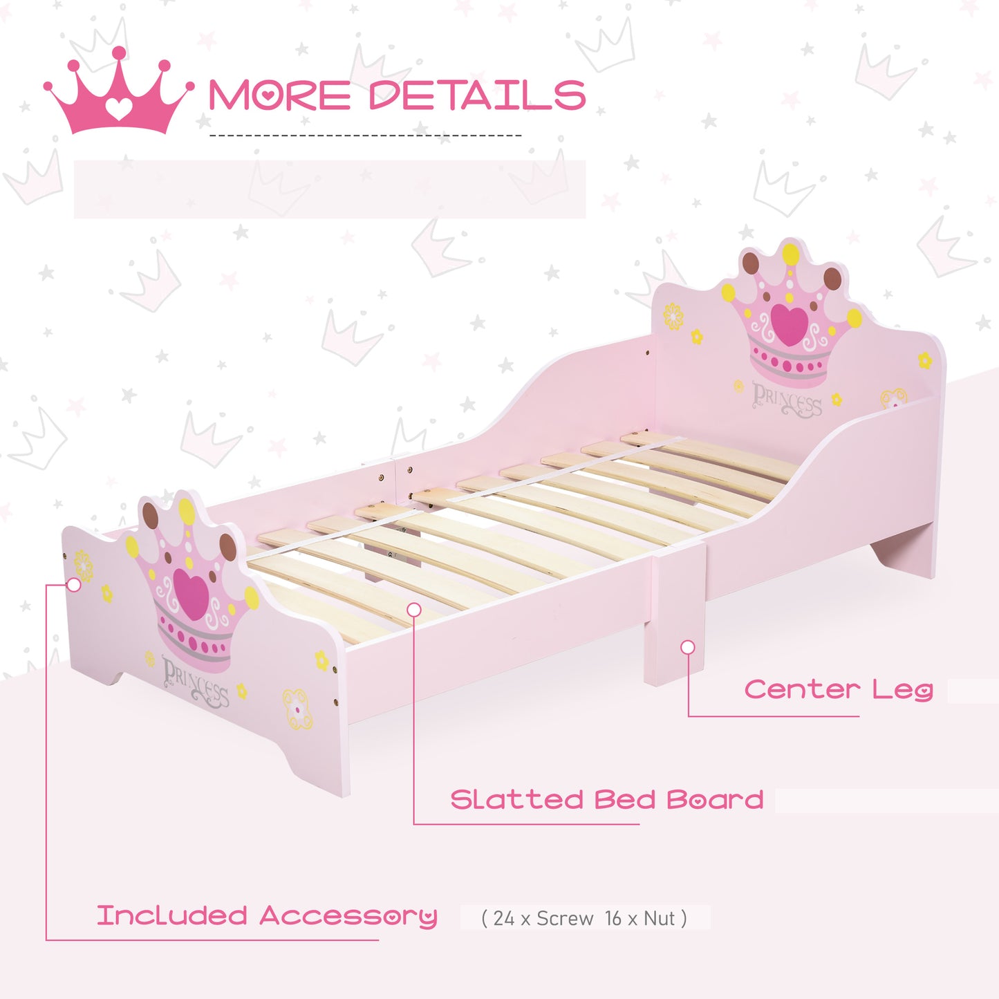 Kids Toddler Bed Princess Crown Theme Safety Side Rails Slats Home
