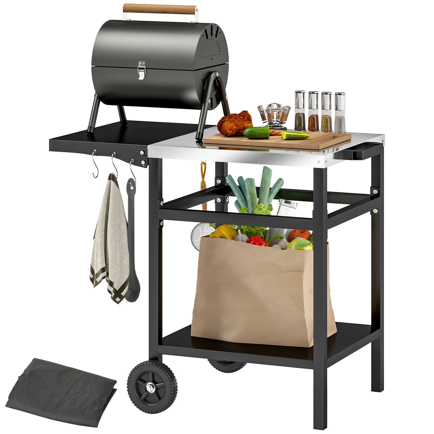 BBQ Trolley with Stainless Steel Top and Foldable Side Table