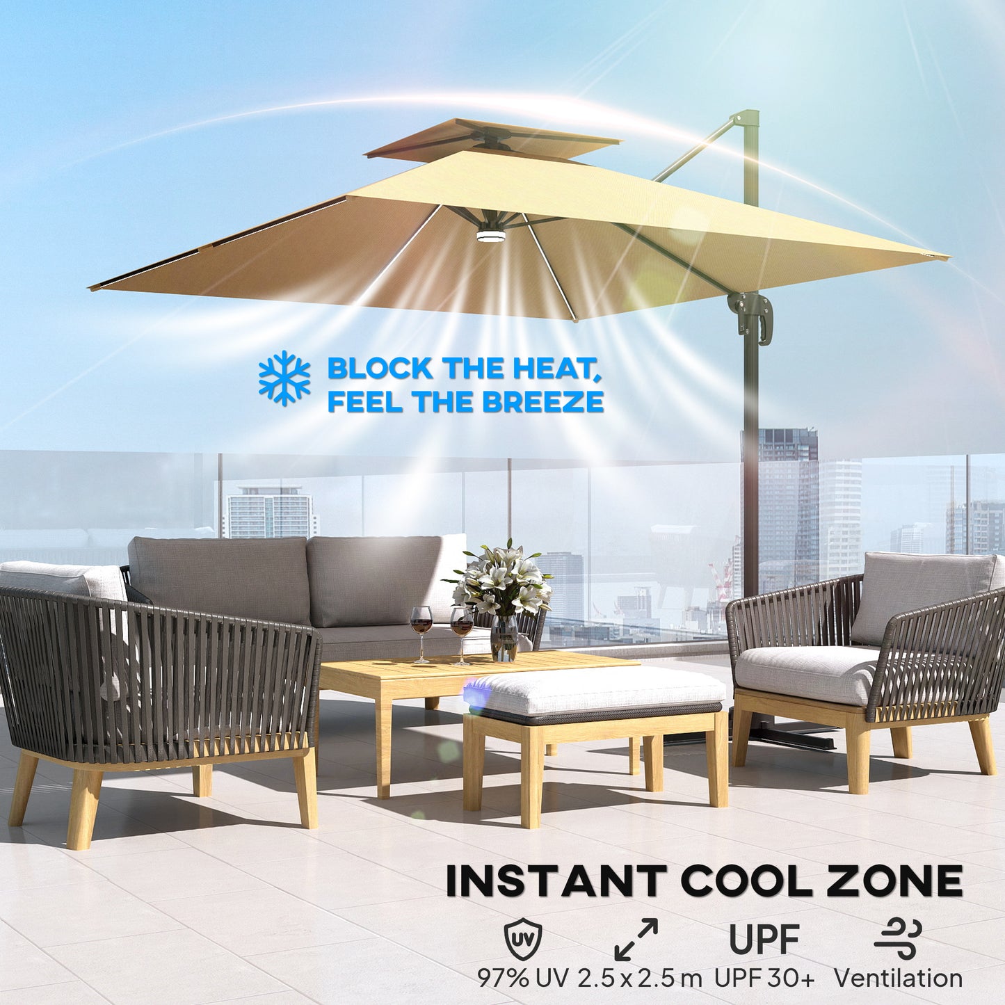 2.5m Cantilever Parasol with Solar Powered LED Lights, 360° Rotation