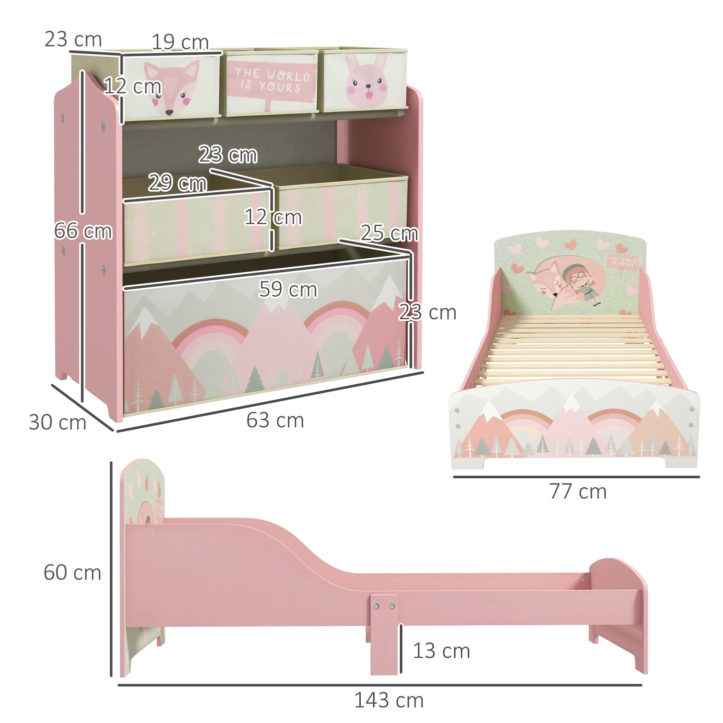 Toddler Bed Frame, Kids Storage Shelf Unit with 6 Fabric Bins