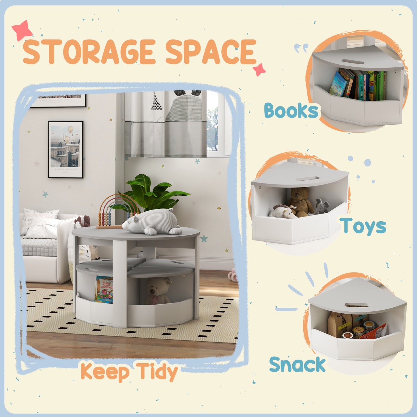 Five-Piece Kids Table and Chairs Set with Storage, for Ages 3-8 Years