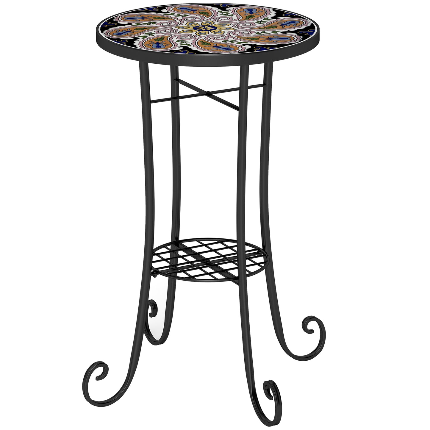 Mosaic Garden Table, 35.5 cm Round Outdoor Table with Shelf