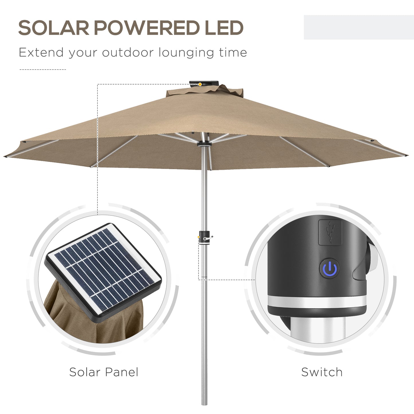 3m Parasol, with Solar-Powered LED Lights