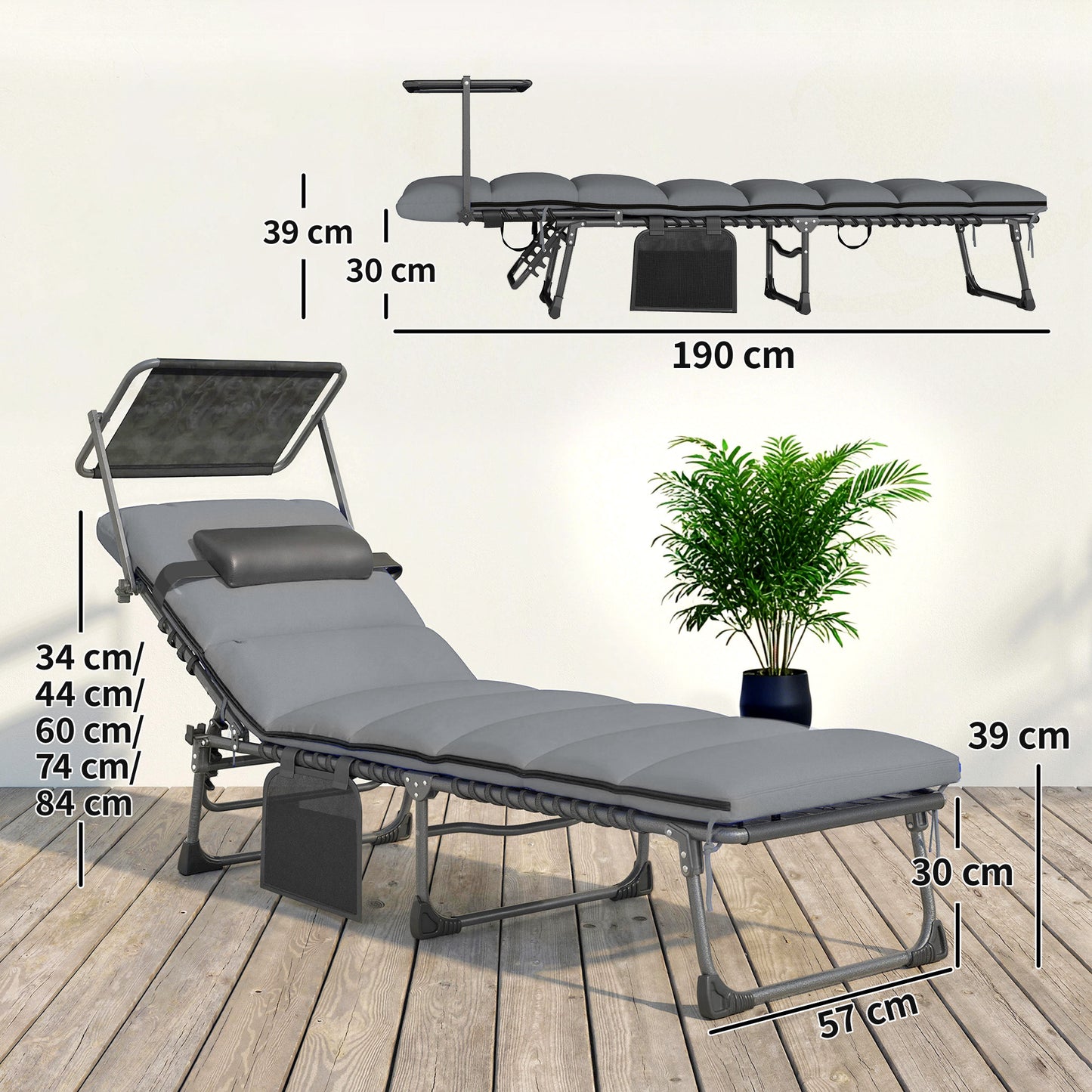 Folding Sun Loungers Set of 2 with Canopy