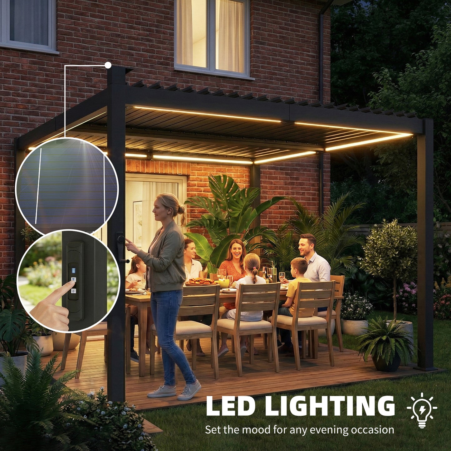 3 x 3 m Louvered Pergola with Solar LED lights, Metal Roof