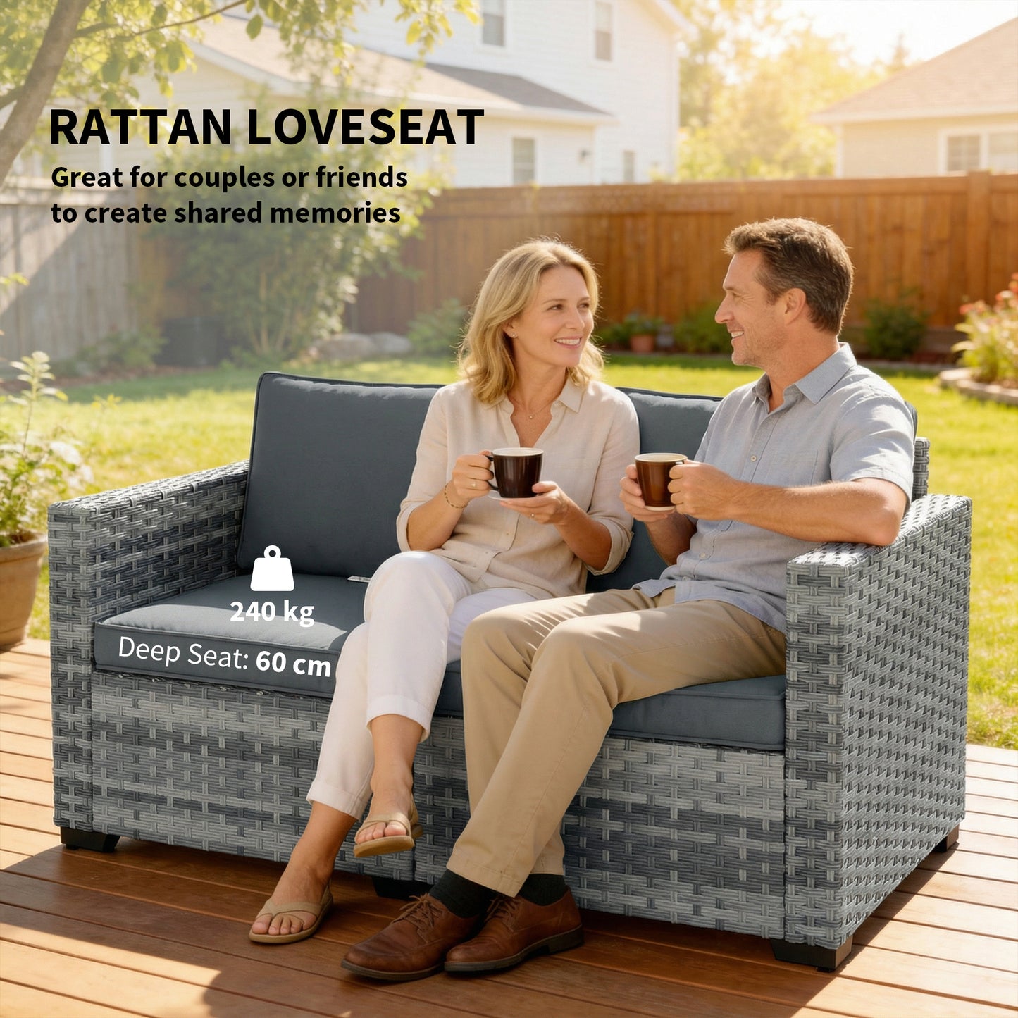 2 Seater Rattan Sofa, Outdoor Garden Sofa with Deep Seat, Cushions
