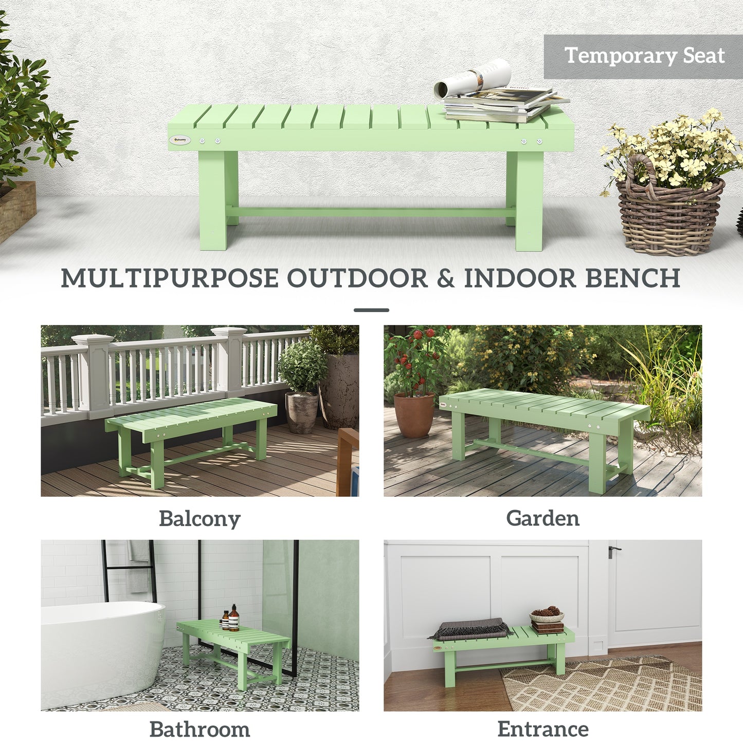 Wooden Garden Bench, Backless Outdoor Loveseat with Slatted Seat
