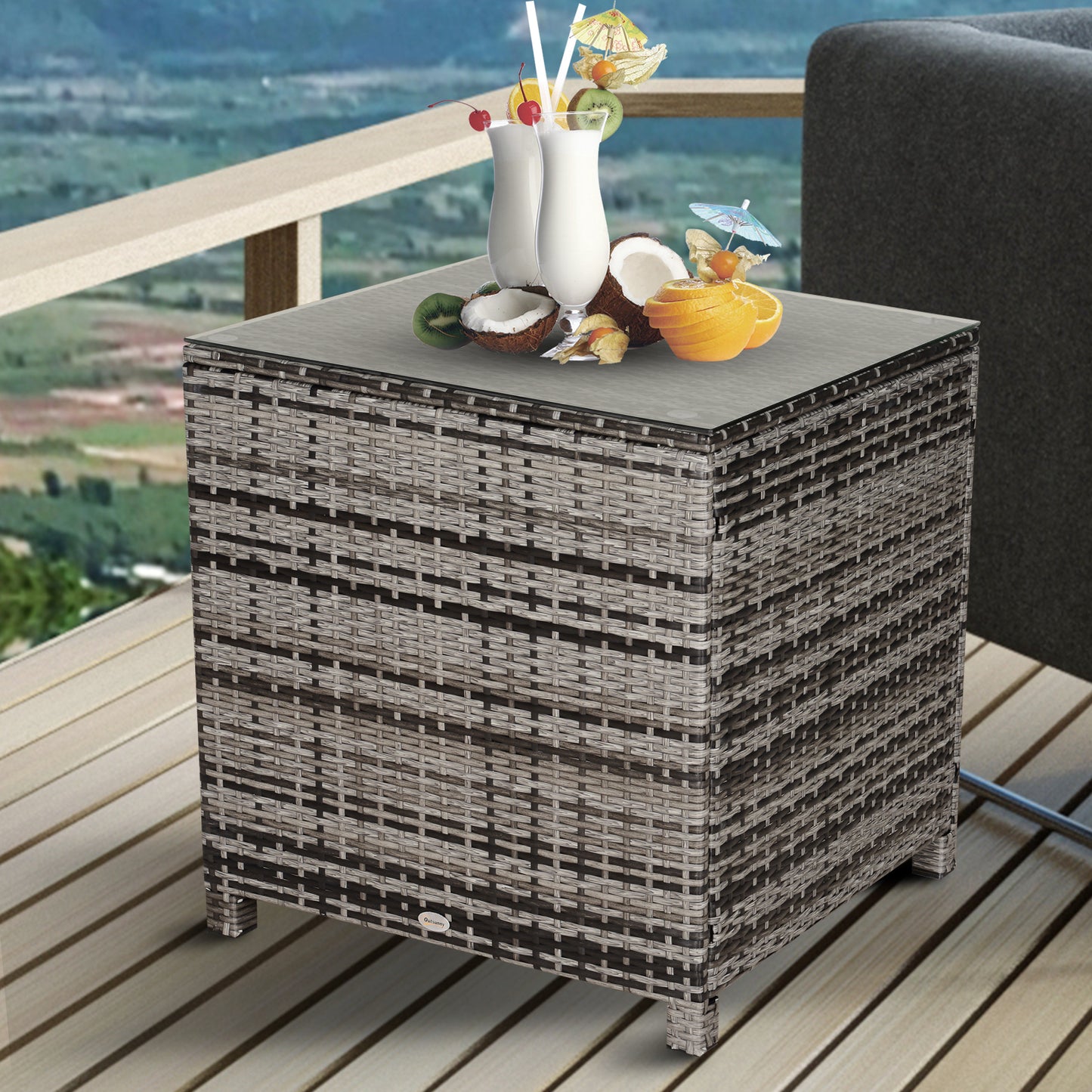 Square PE Rattan Garden Table, with Glass Table Top