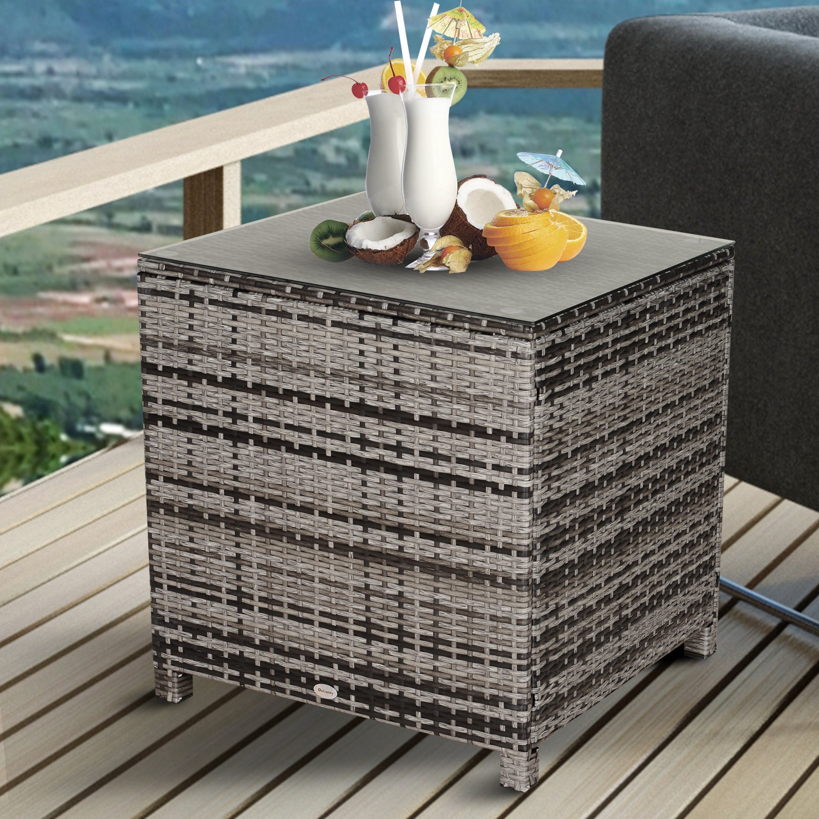 Square PE Rattan Garden Table, with Glass Table Top