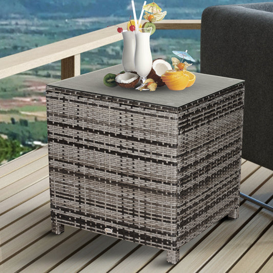 Square PE Rattan Garden Table, with Glass Table Top