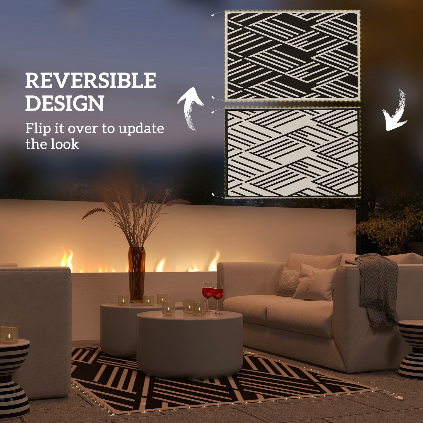 Plastic Straw Reversible RV Outdoor Rug with LED String Light (1)