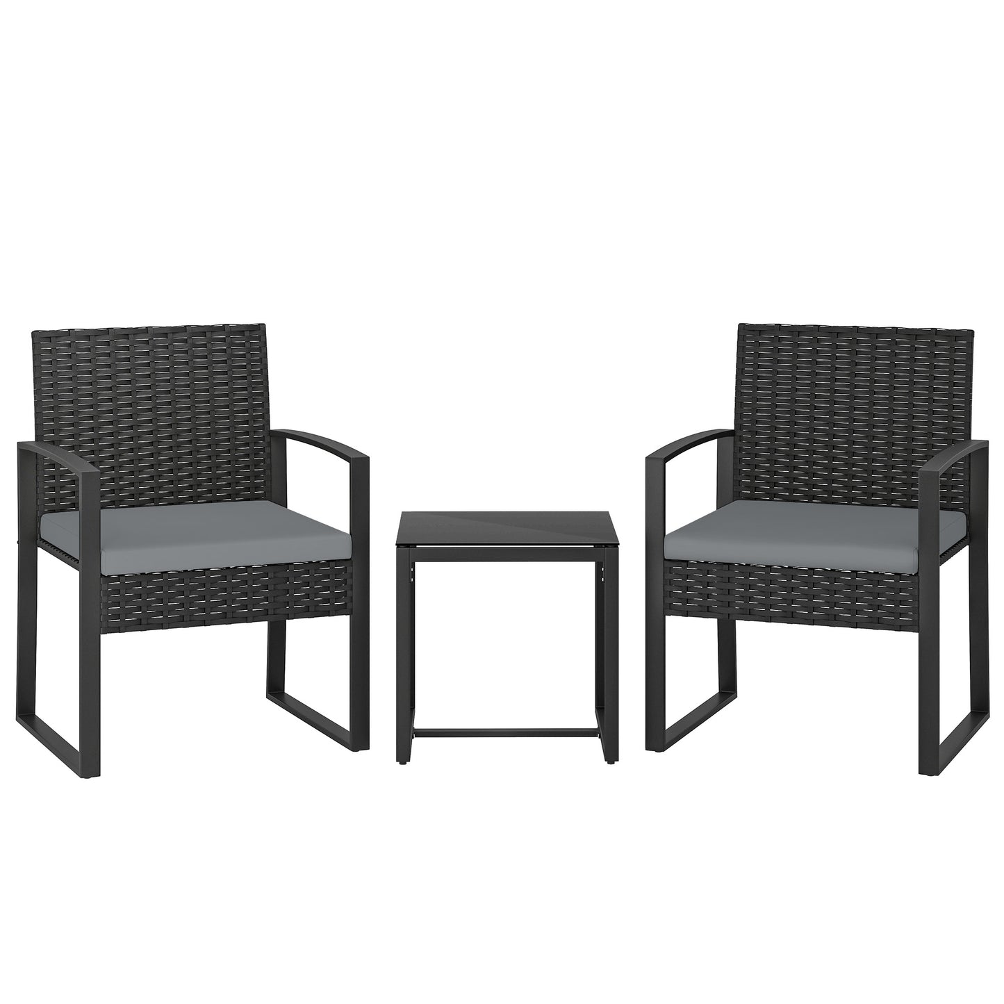 Rattan Bistro Set, 3 Piece Garden Furniture Set with Glass Top Table