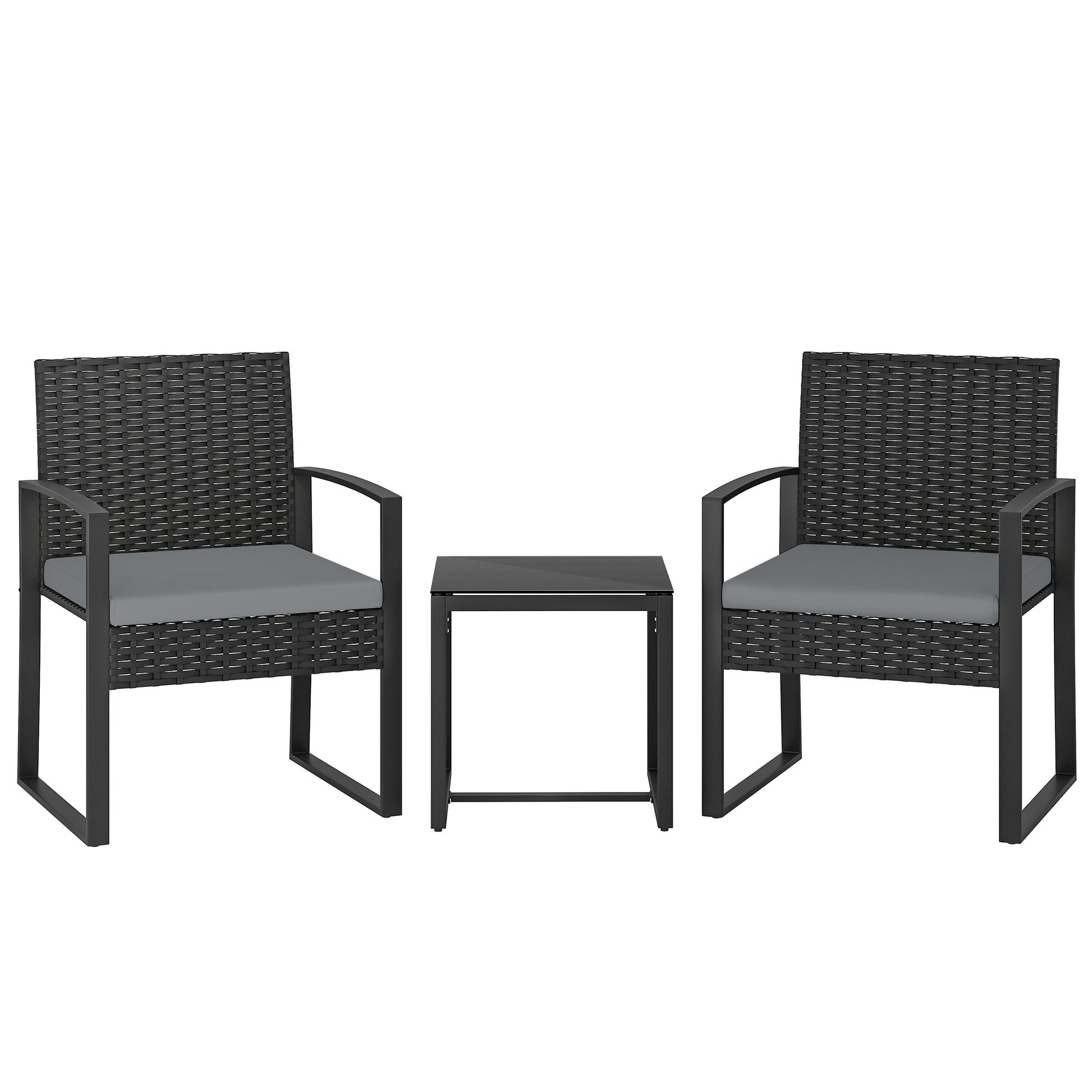Rattan Bistro Set, 3 Piece Garden Furniture Set with Glass Top Table