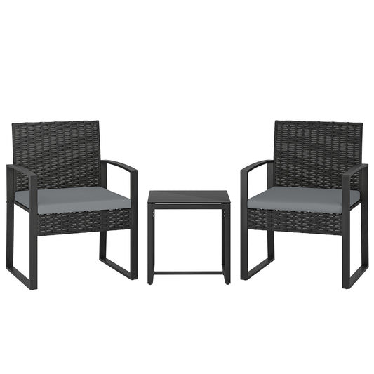 Rattan Bistro Set, 3 Piece Garden Furniture Set with Glass Top Table