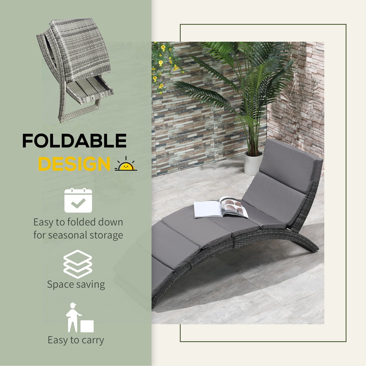 Folding Sun Lounger, PE Rattan Garden Lounger Chair