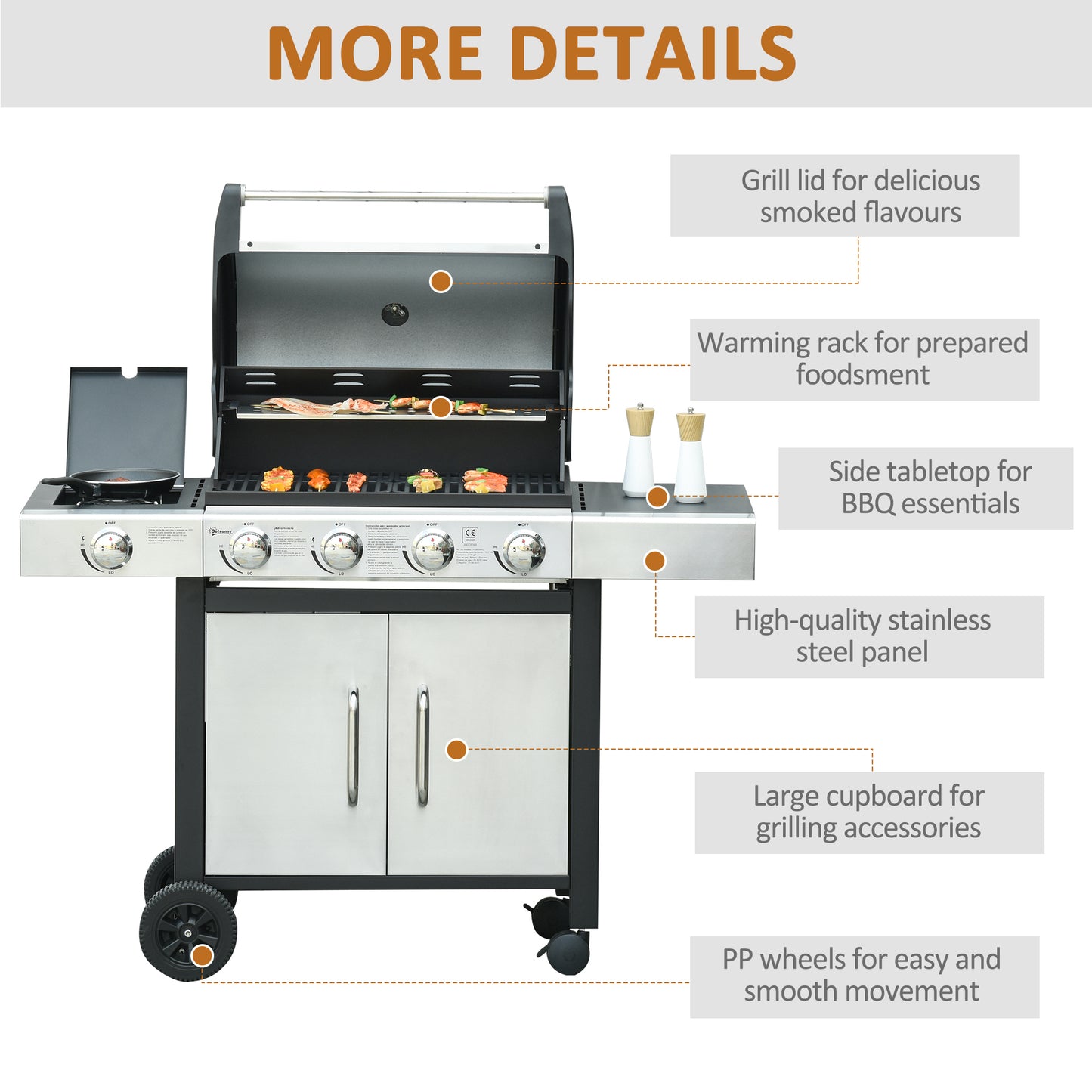 Gas Barbecue Grill 4+1 Burner Garden Smoker BBQ Trolley w/ Side