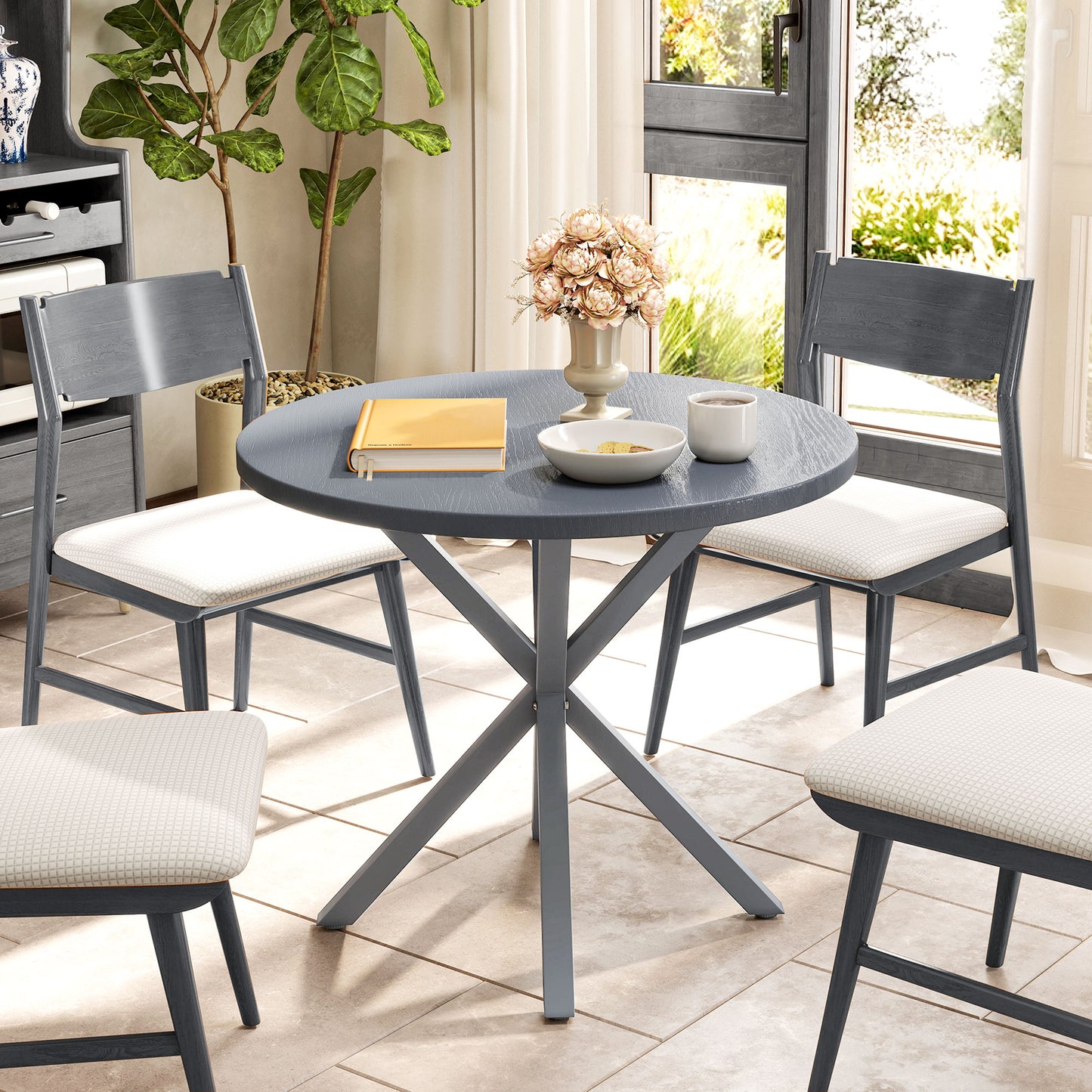 Garden Table, 85cm Round Outdoor Dining Table with Steel Frame