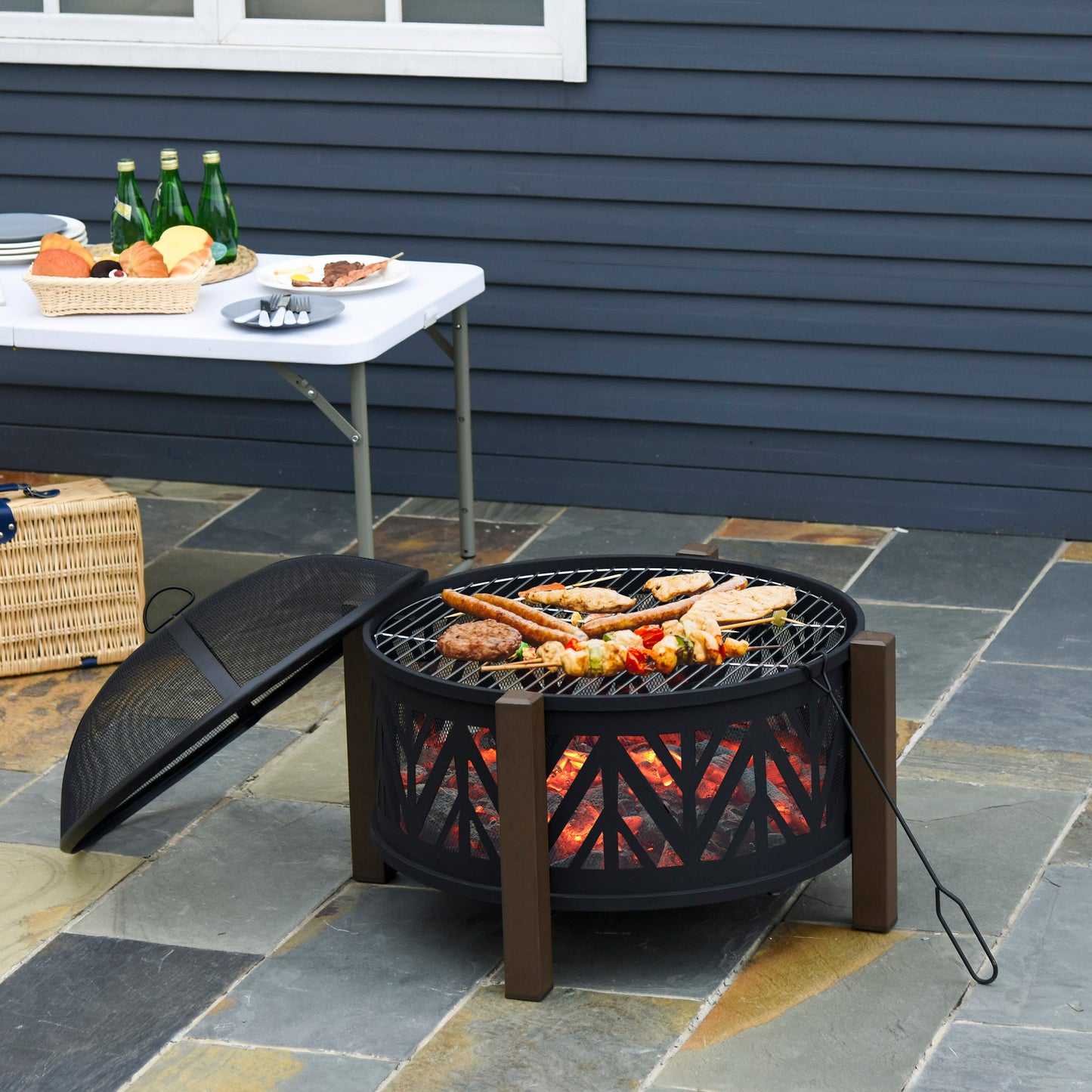 Metal Large Firepit Bowl Outdoor 2-In-1 Round Fire Pit Brazier w/