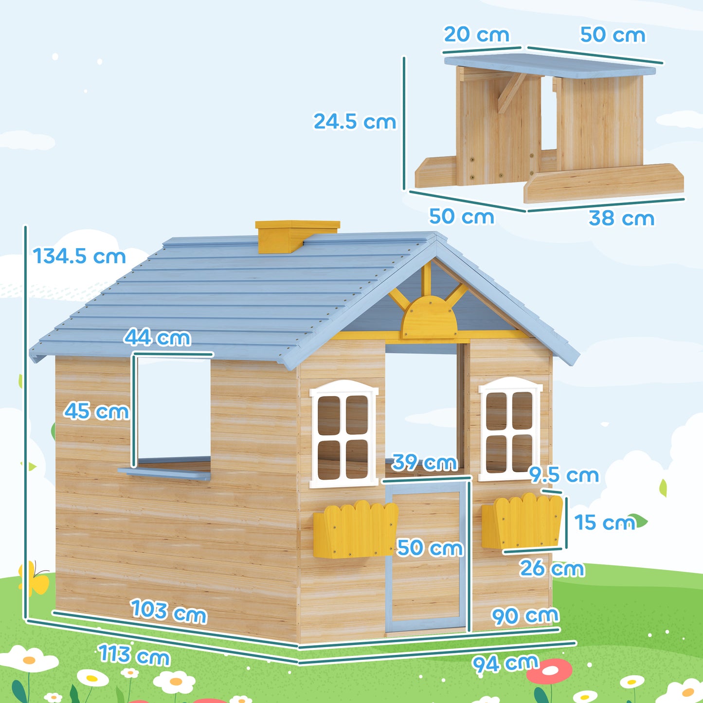 Wooden Playhouse, Wendy House w/ Door, Bench, Flowerpot Holder