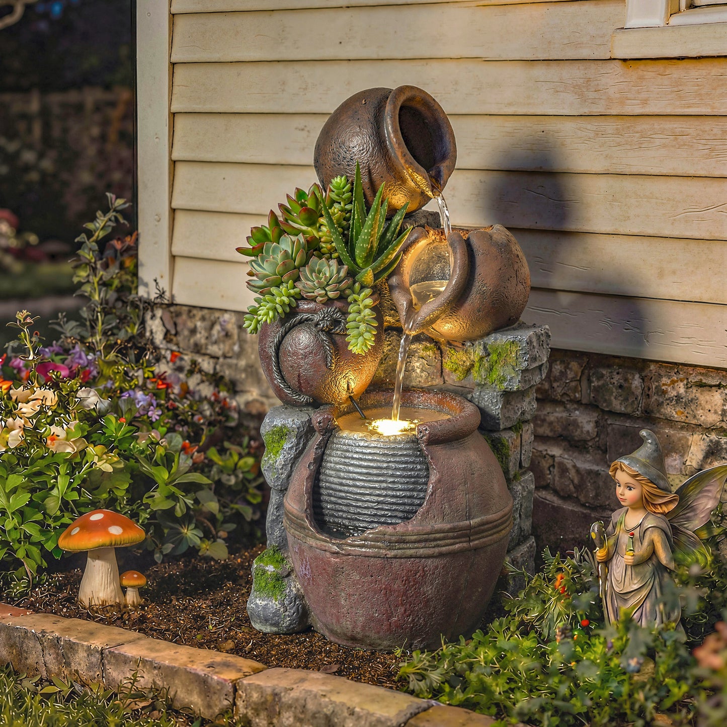 Outdoor Fountain with 4-Tier Rustic Pots & Planter