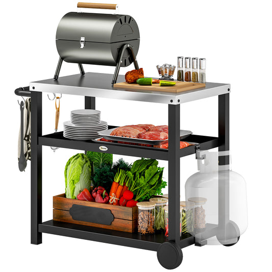Outdoor Grill Dining Cart 3-Shelf Movable Pizza Oven Table Stand