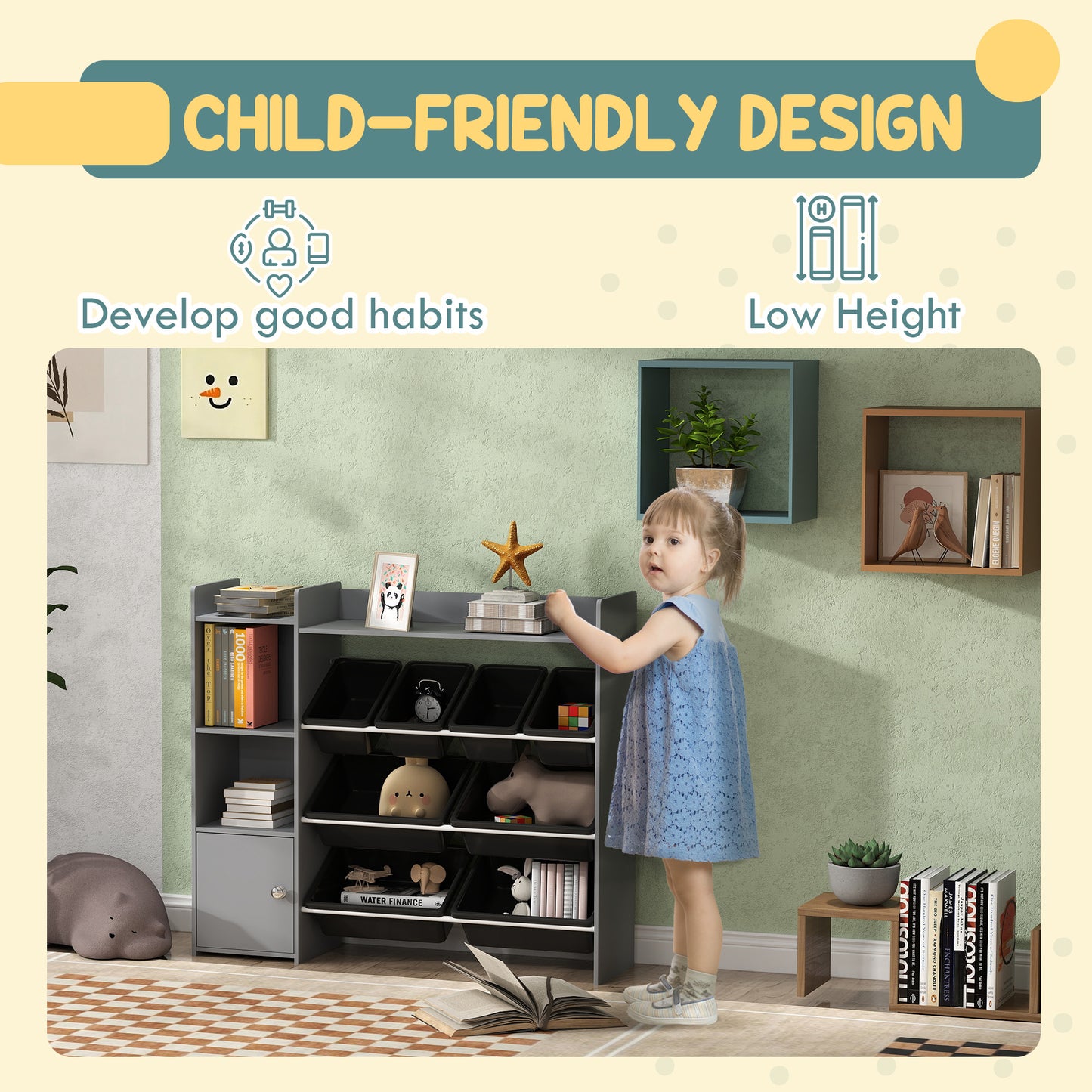 Toy Storage Unit with 8 Removable Bins, Storage Shelves, Cabinet