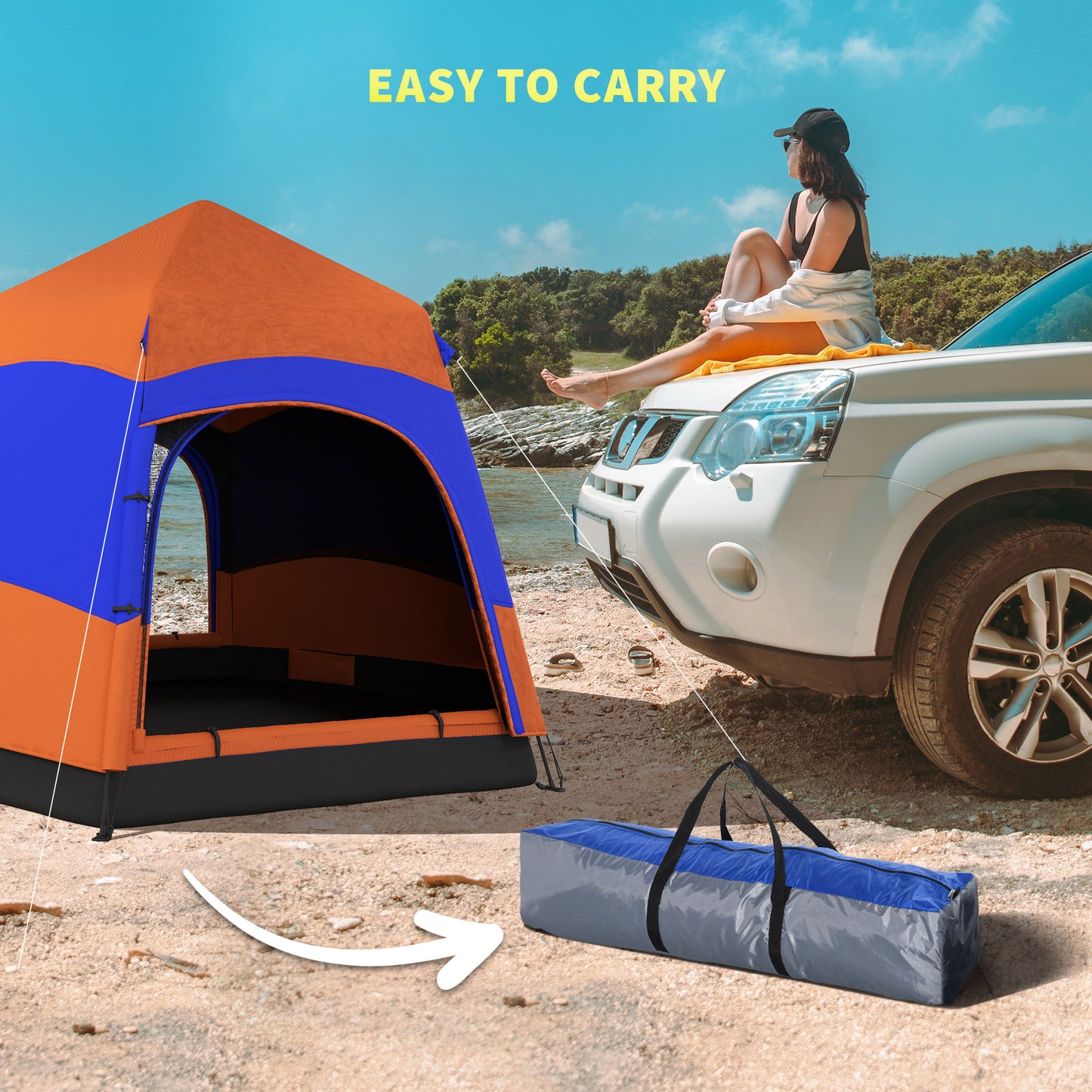 Six Man Hexagon Camping Tent with Hang Hook and Carry Bag - Orange and