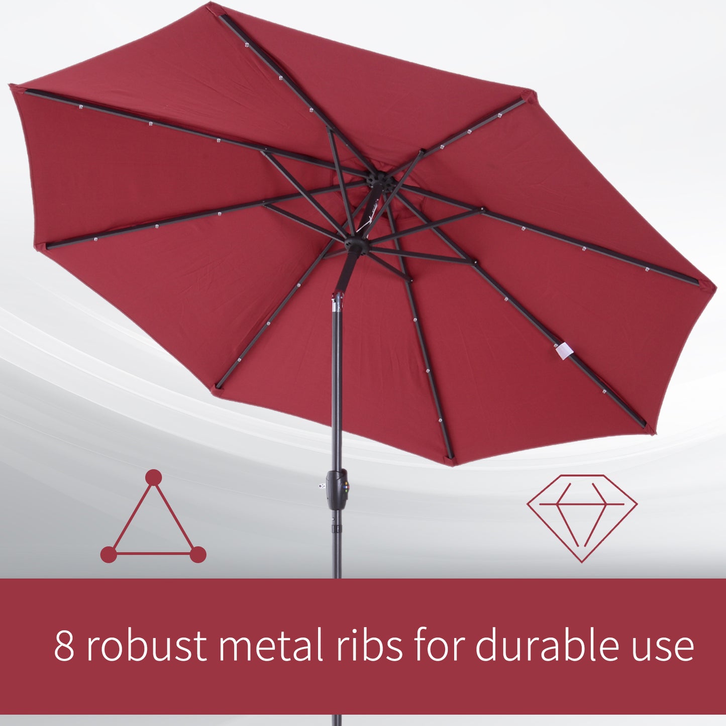 Φ2.7m Garden 24 LED Light Parasol Solar Outdoor Tilt Sun Umbrella