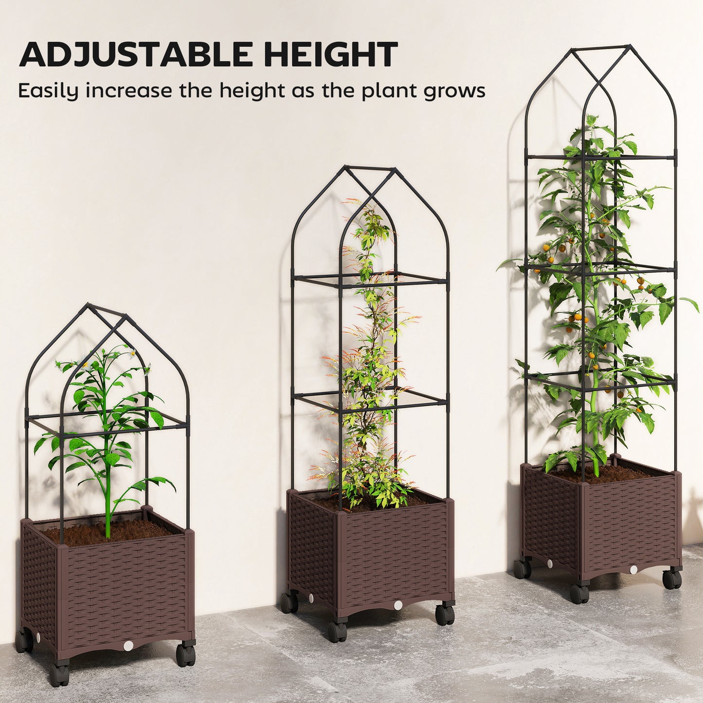 Raised Garden Bed with Trellis, Tomato Cage with Lockable Wheels