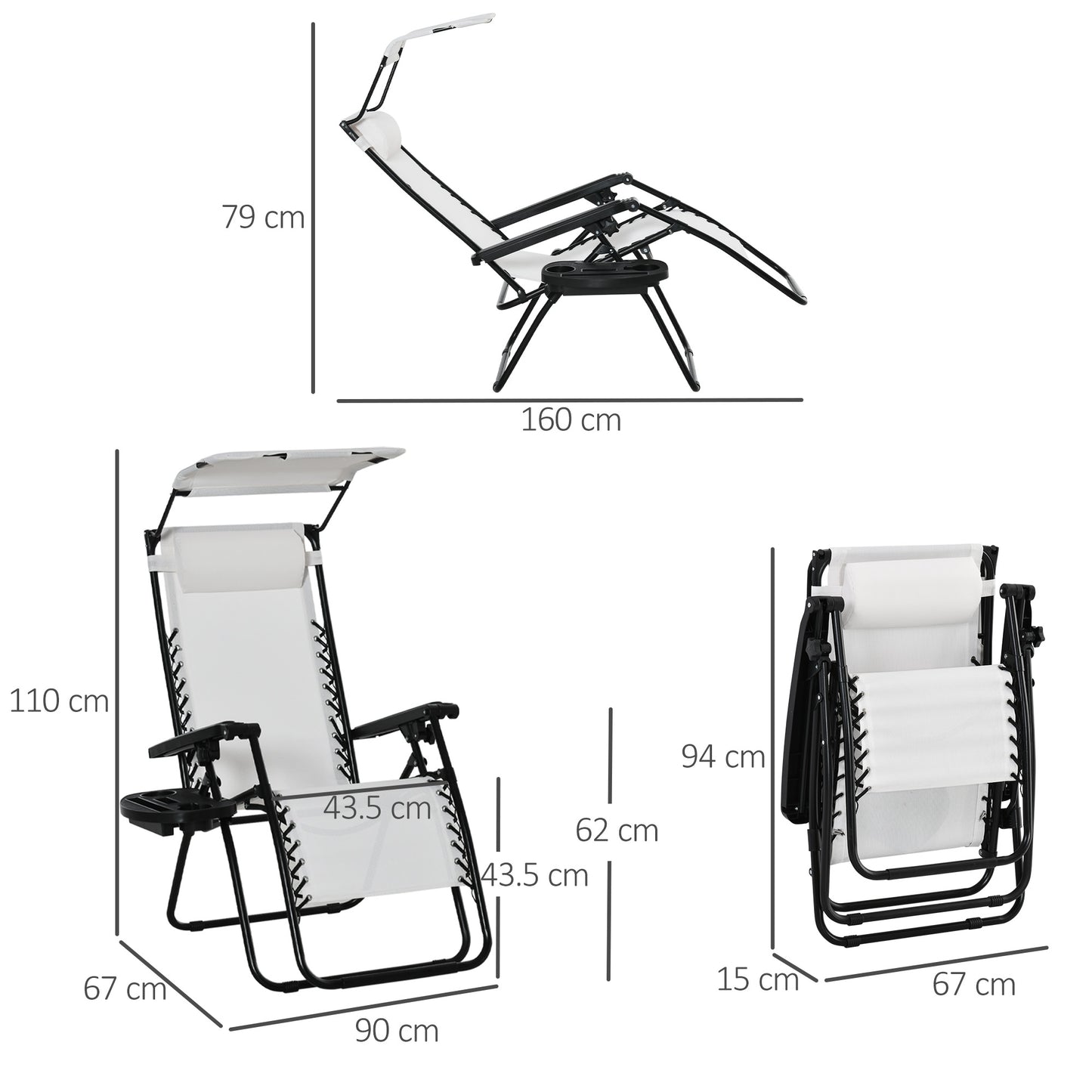 Zero Gravity Garden Folding Patio Sun Lounger w/Cup Holder & Canopy