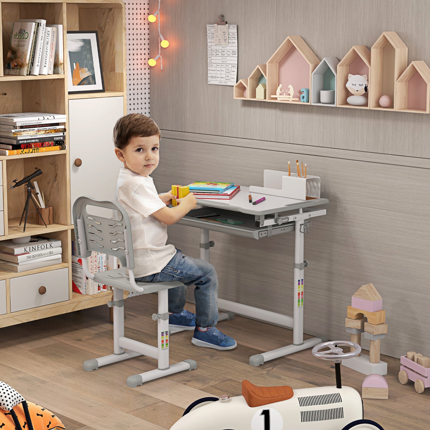 Kids Desk and Chair Set, Student Adjustable Writing Desk