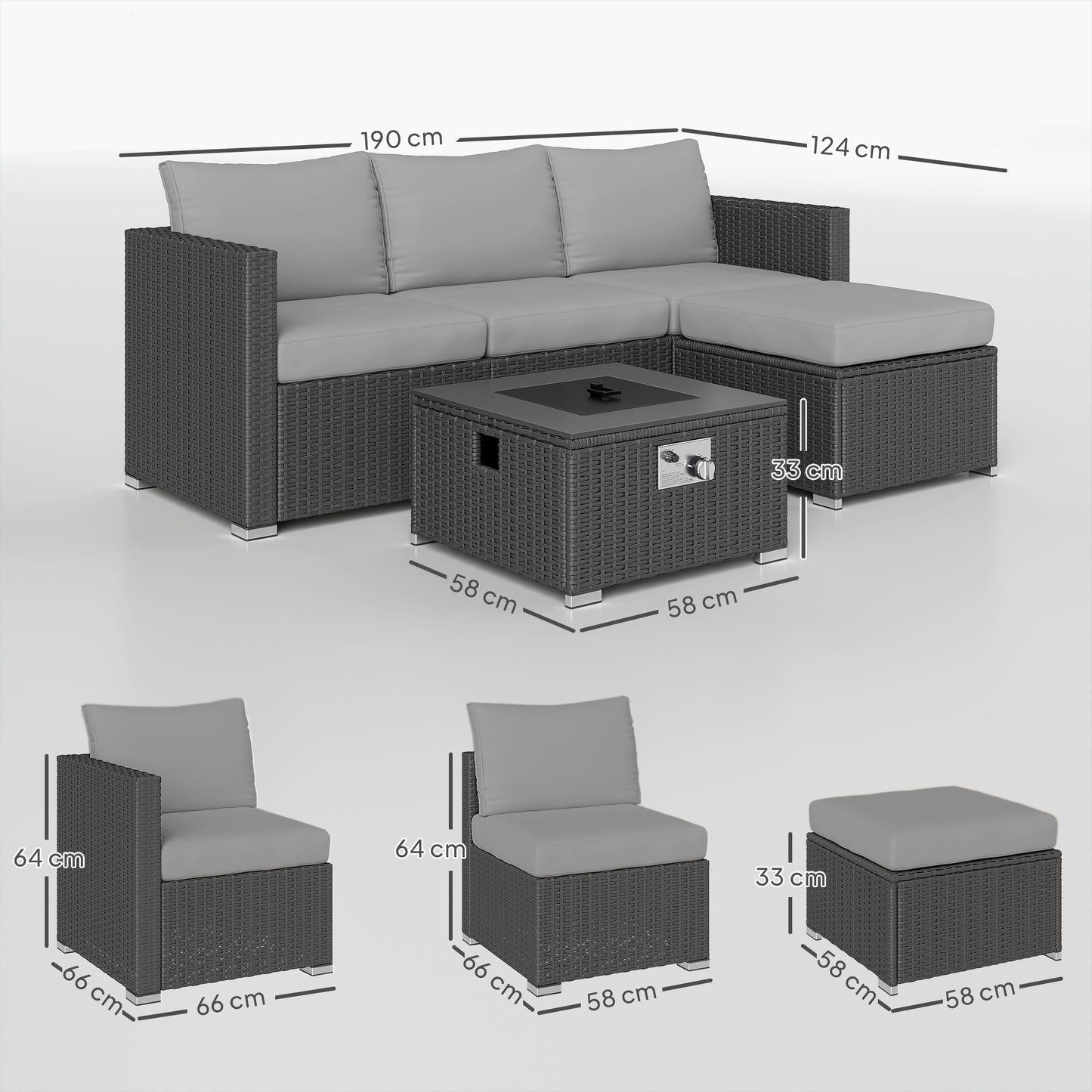Five Piece Rattan Garden Furniture Set with Gas Fire Pit Table