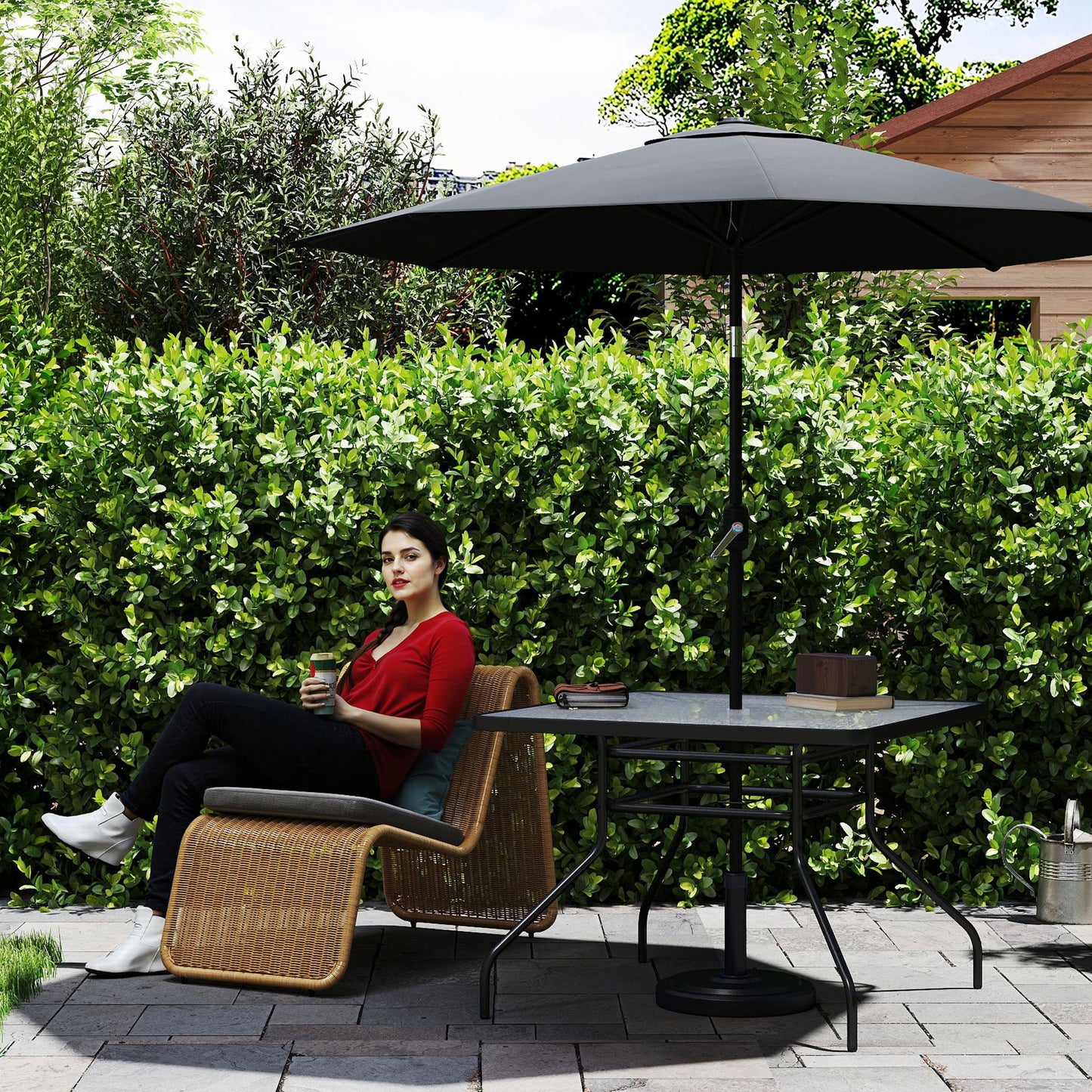 Square Garden Dining Table with Tempered Glass Top & Umbrella Hole (1)