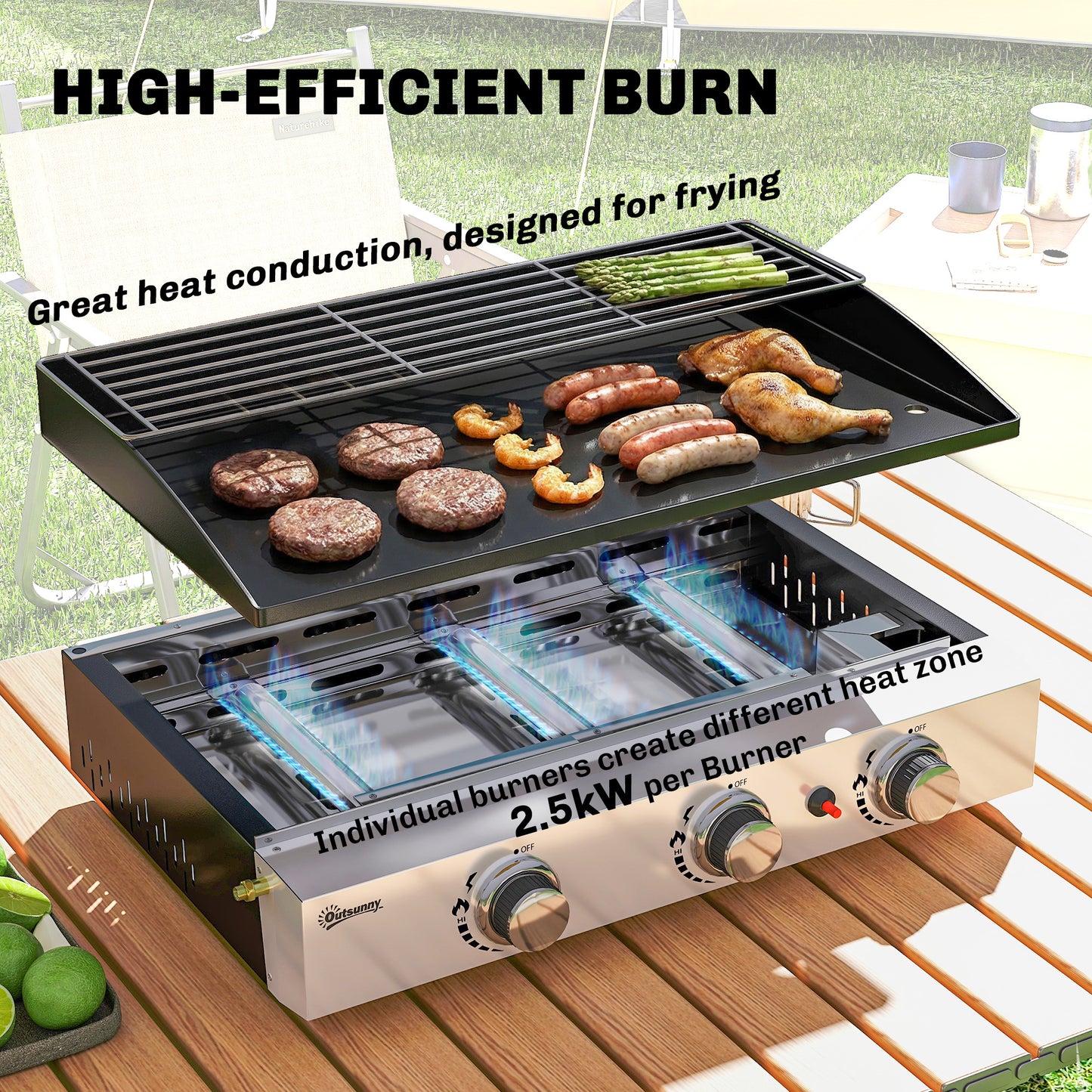 3 Burner Grill Griddle, Portable Gas Plancha with Warming Rack