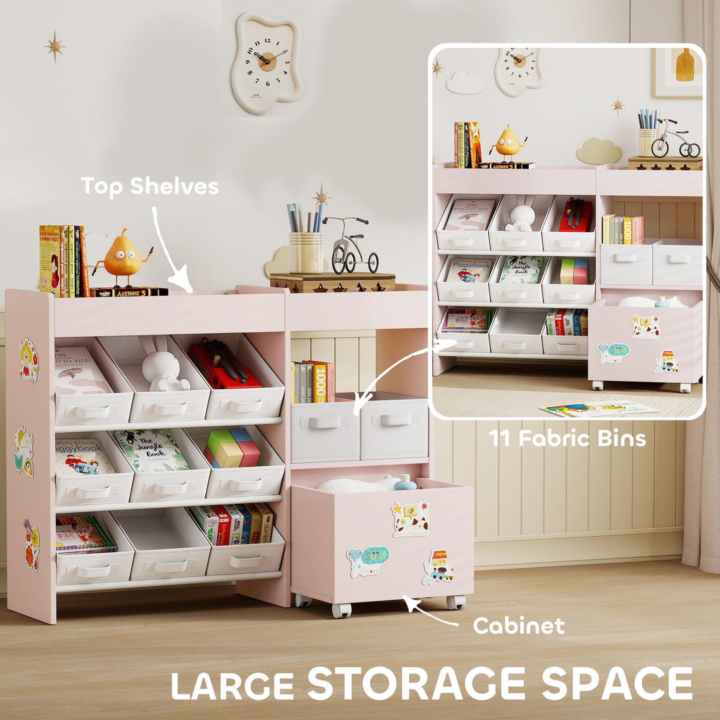 Kids Toy Storage Unit with 11 Bins, Cabinet, Top Shelves, 3 Stickers