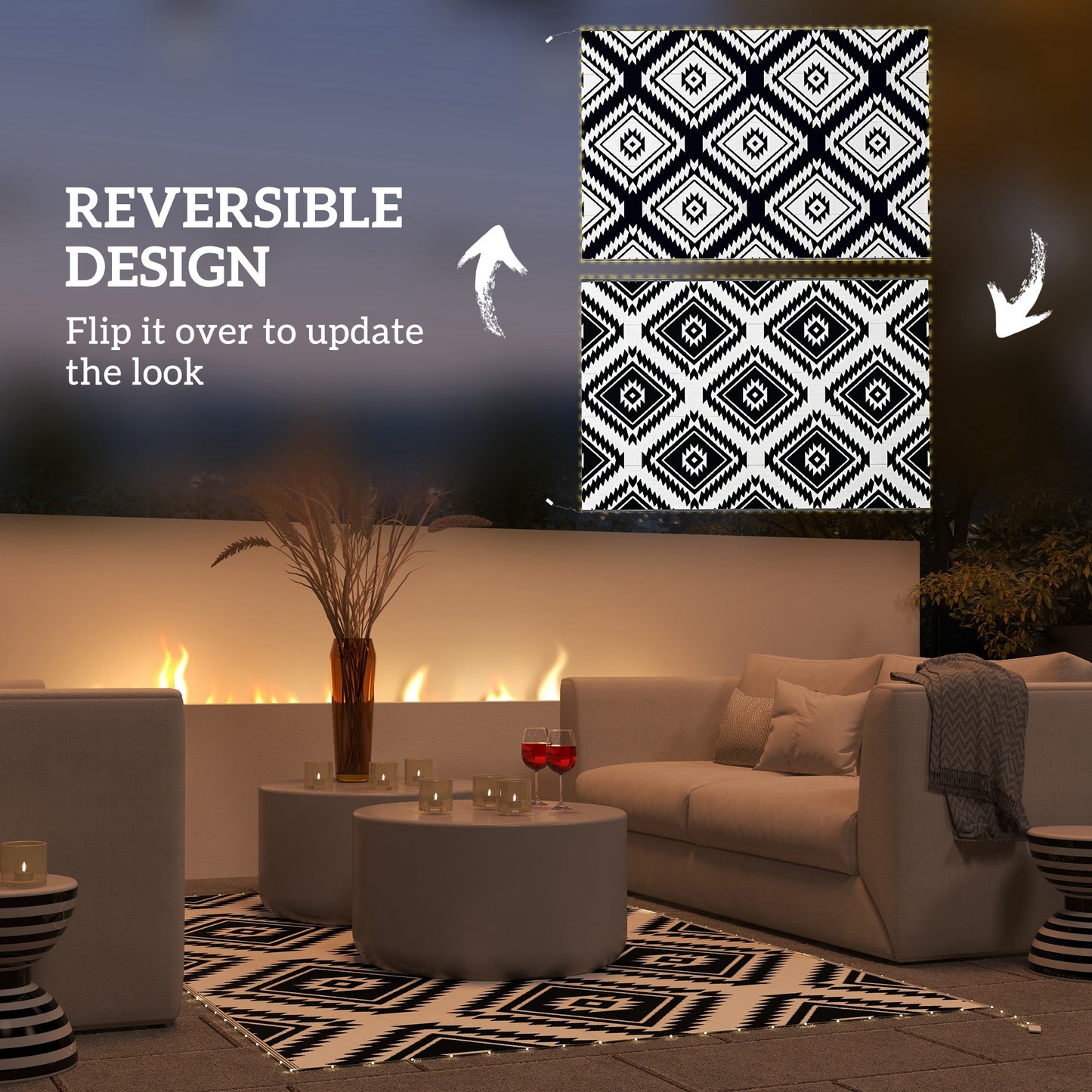 Plastic Straw Reversible RV Outdoor Rug with LED String Light (1)