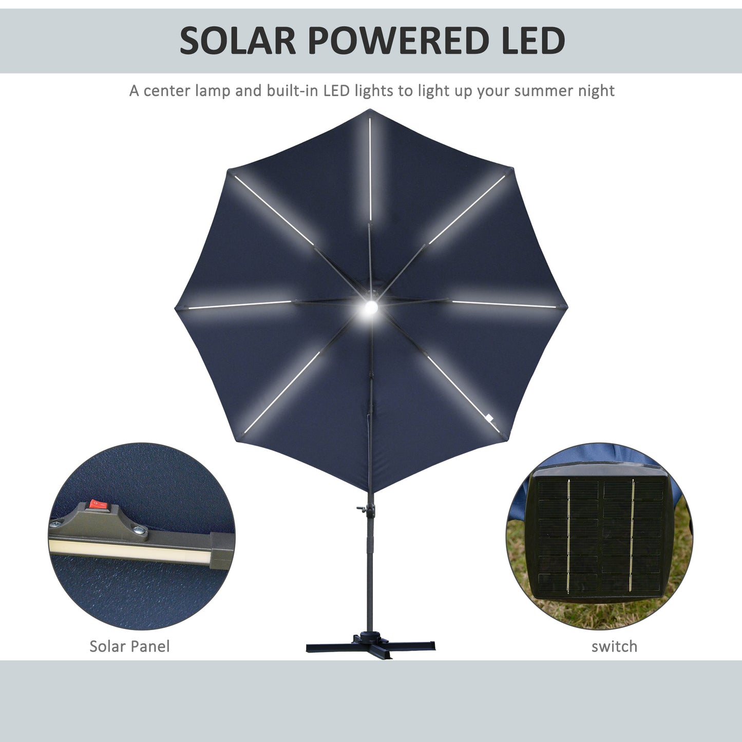 3(m) LED Cantilever Parasol Outdoor Sun Umbrella w/ Base Solar Lights