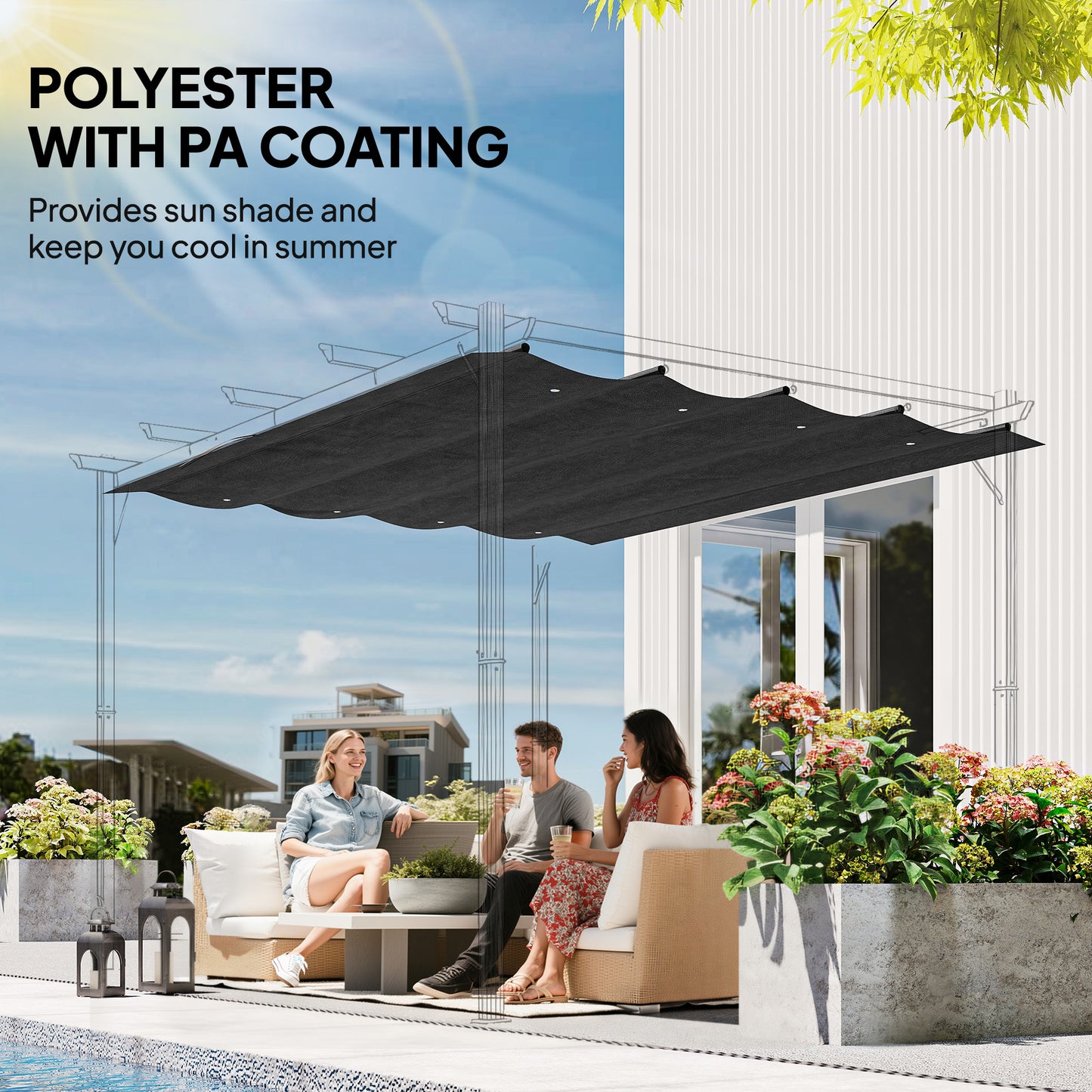 Pergola Cover Roof, 2.86 x 2.45 m Retractable Sun Shade Top